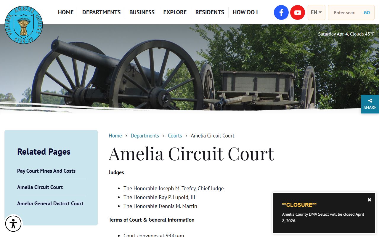 Amelia County Circuit Court clerk office for marriage license records in Amelia Court House, Virginia