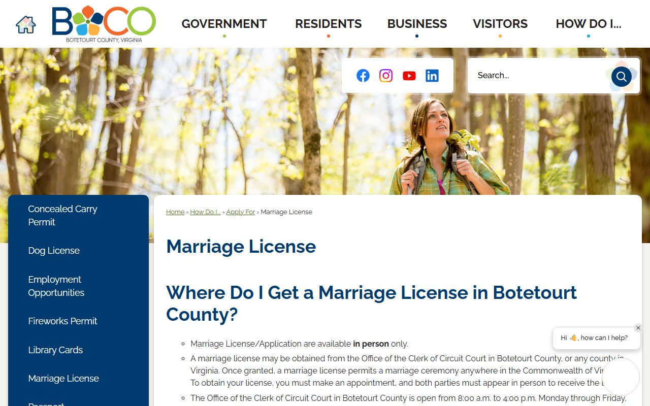 Botetourt County Circuit Court clerk office for marriage license records in Fincastle, Virginia