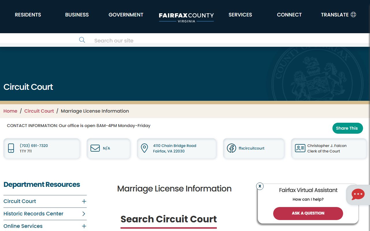 Fairfax County Circuit Court marriage license information page for Fairfax County, Virginia
