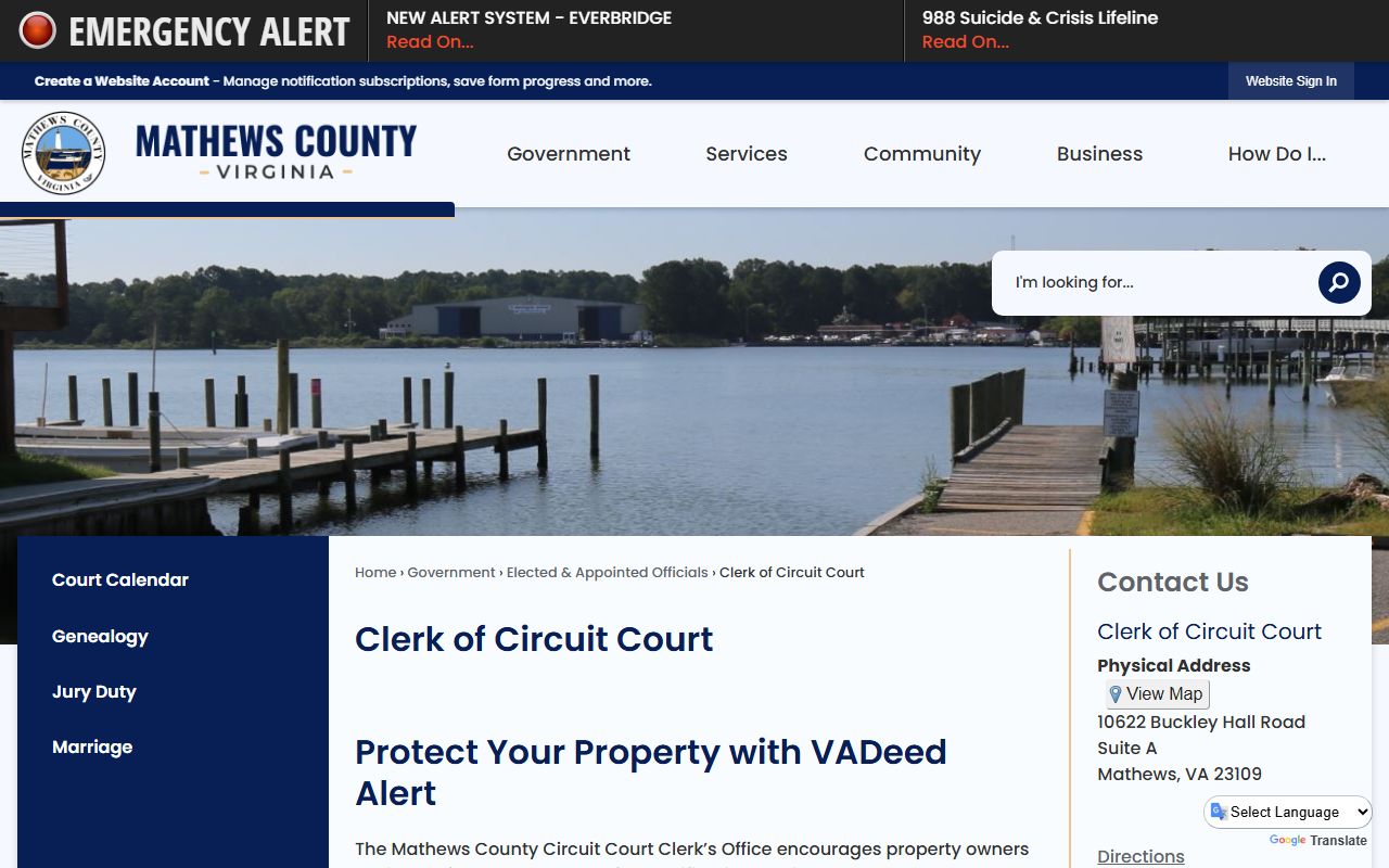 Mathews County Circuit Court clerk office for marriage license records in Mathews, Virginia