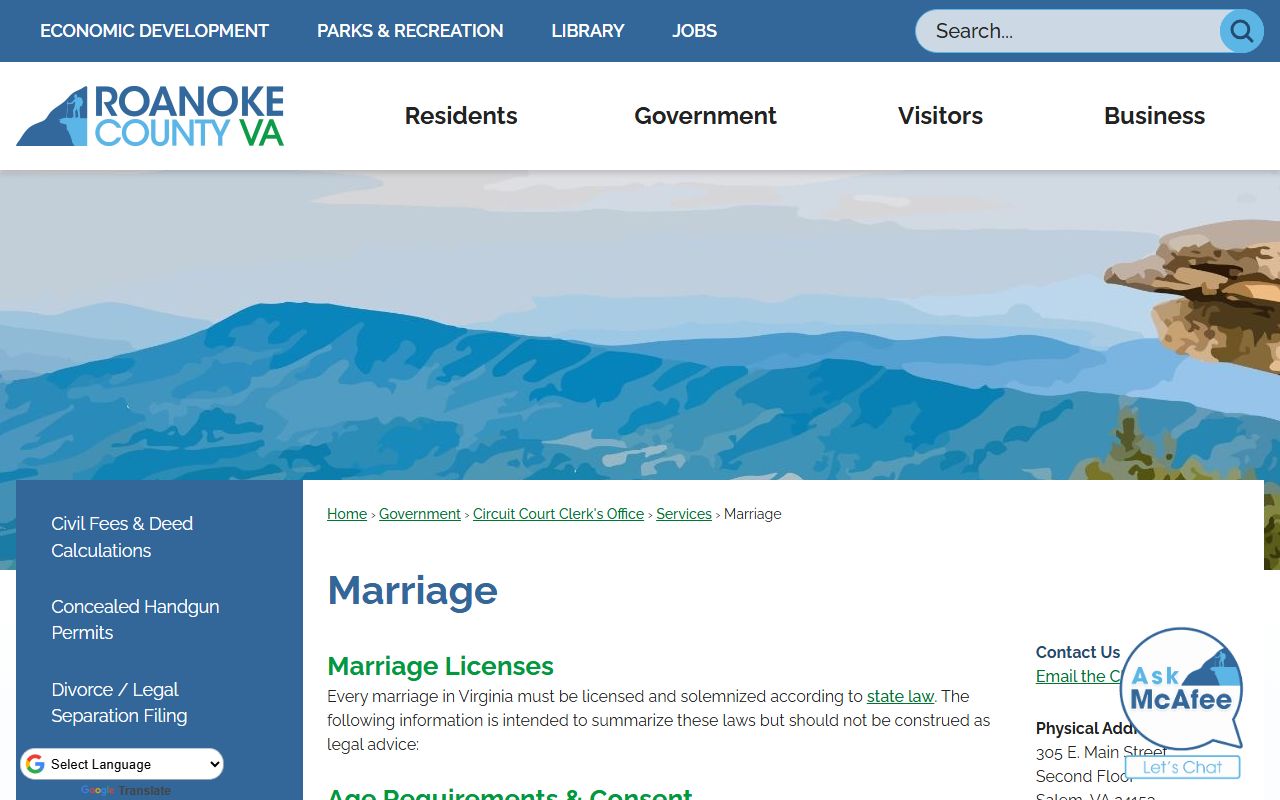 Roanoke County Circuit Court clerk office for marriage license records in Salem, Virginia