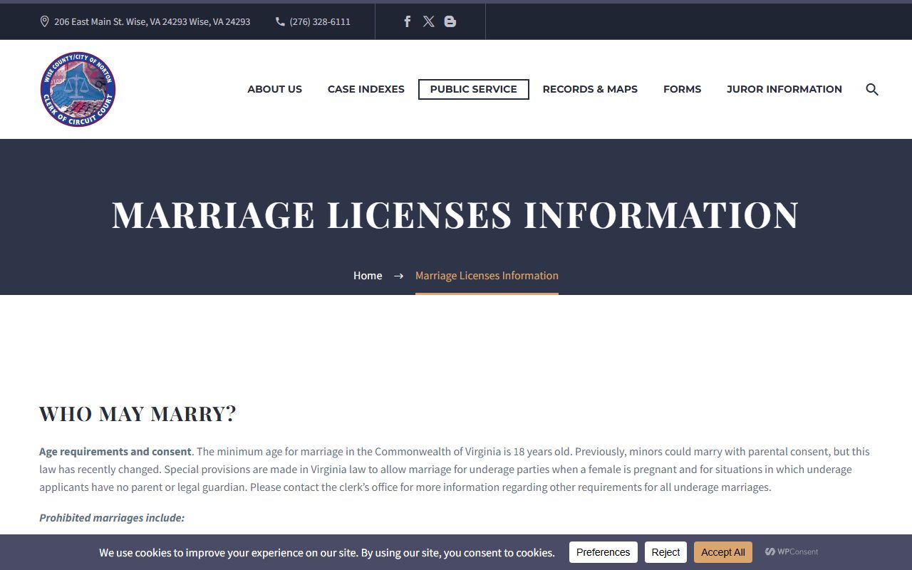 Wise County Circuit Court clerk office for marriage license records in Wise, Virginia