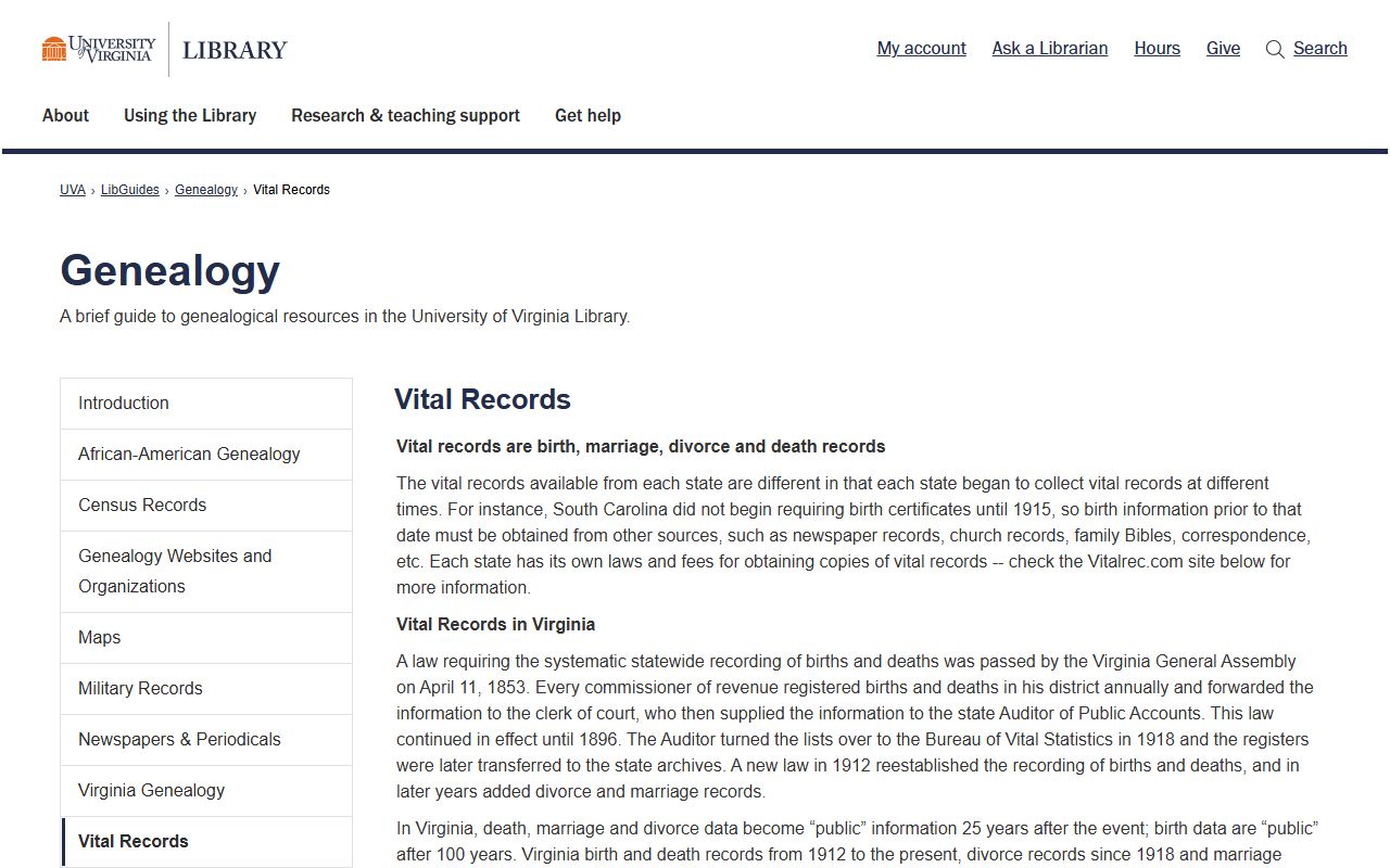 University of Virginia library guide to Virginia marriage and vital records research