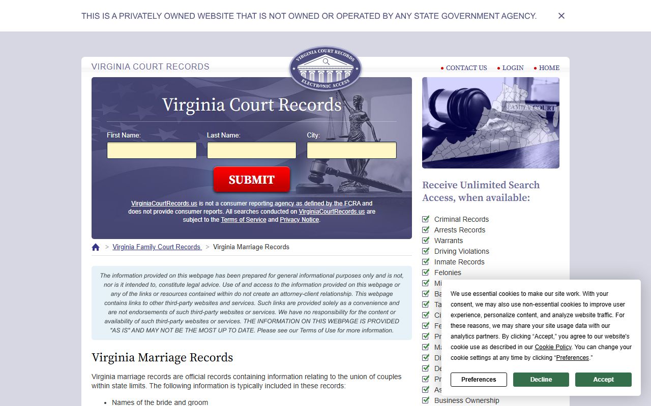 Virginia Department of Health vital records information for Madison County marriage license records