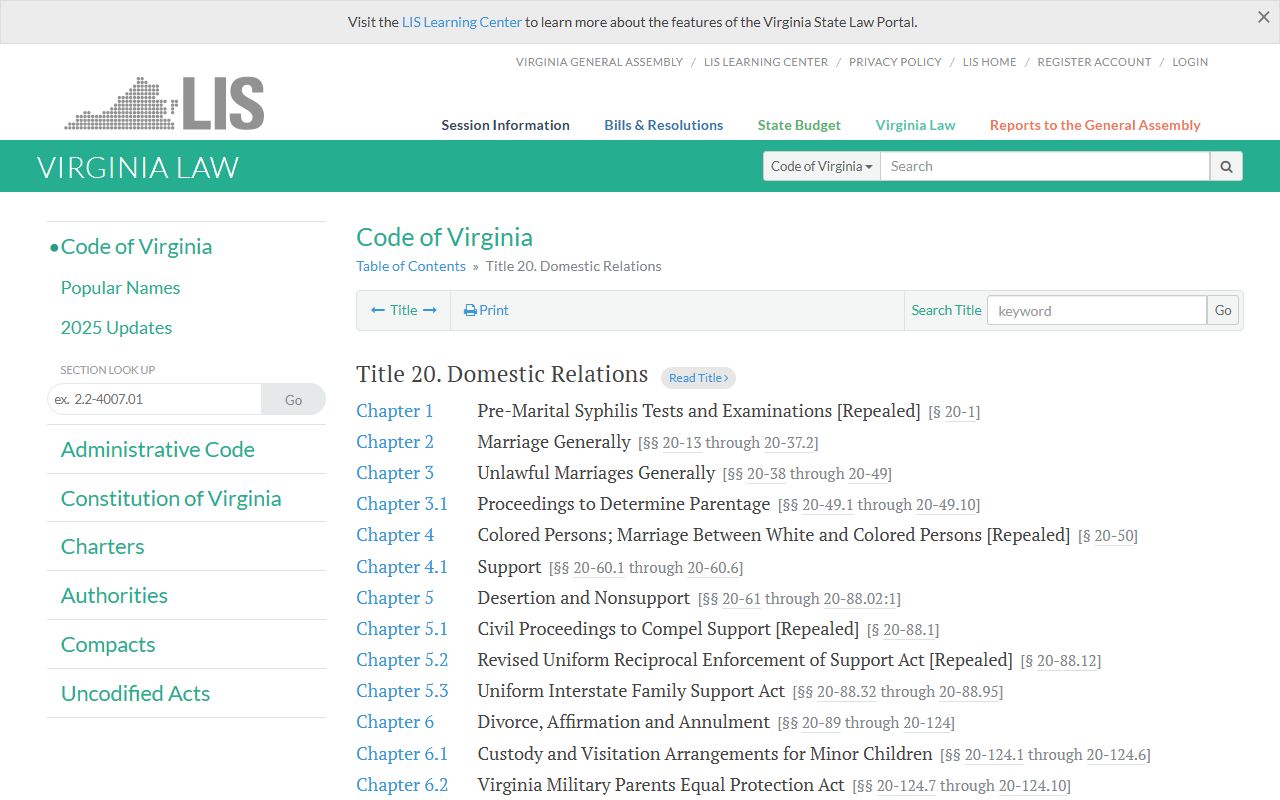 Code of Virginia Title 20 marriage statutes page on the Legislative Information System