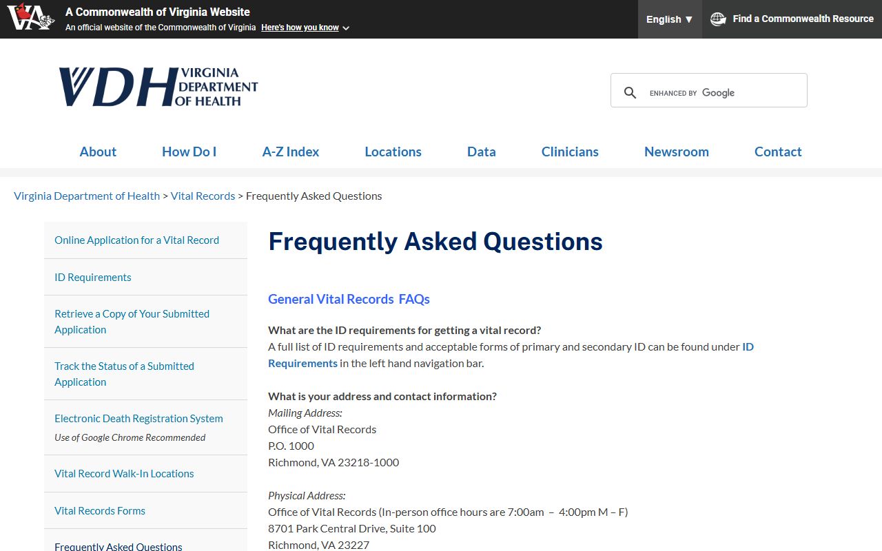 Virginia Department of Health vital records frequently asked questions page about marriage licenses
