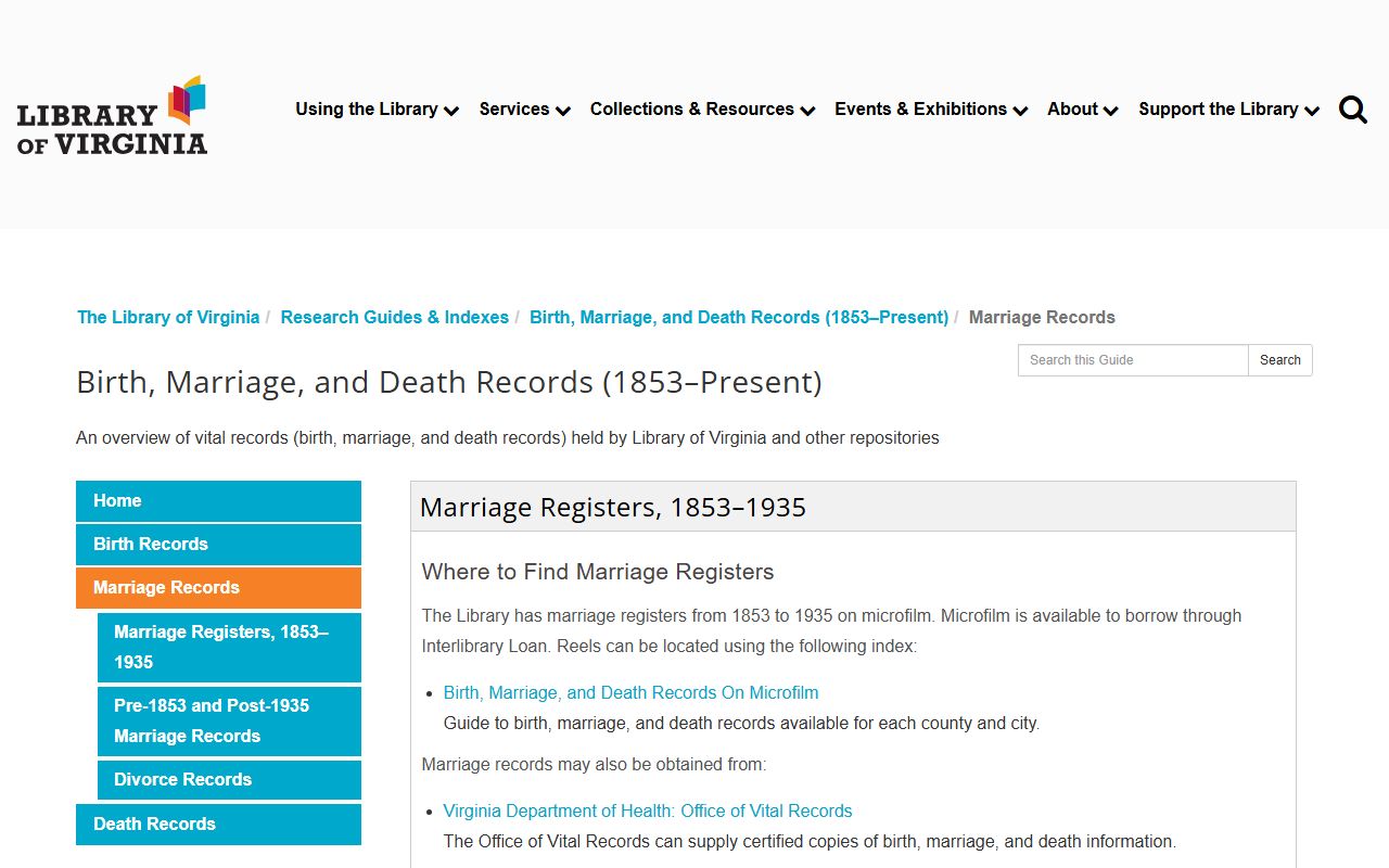 Virginia Department of Health vital records for Richmond marriage license records
