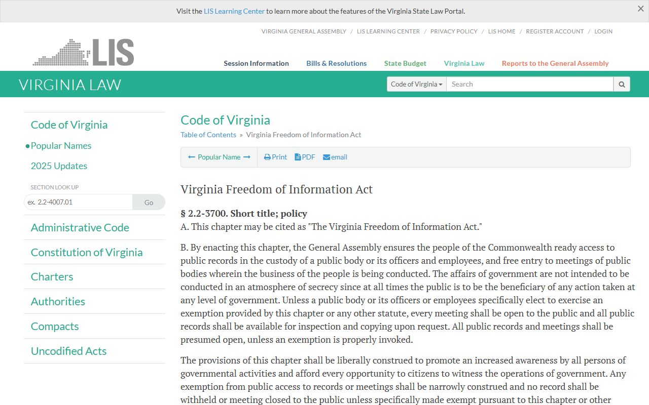 Virginia Freedom of Information Act page governing access to government records including marriage records