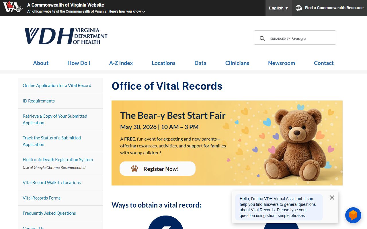 Virginia Department of Health Office of Vital Records marriage license records page